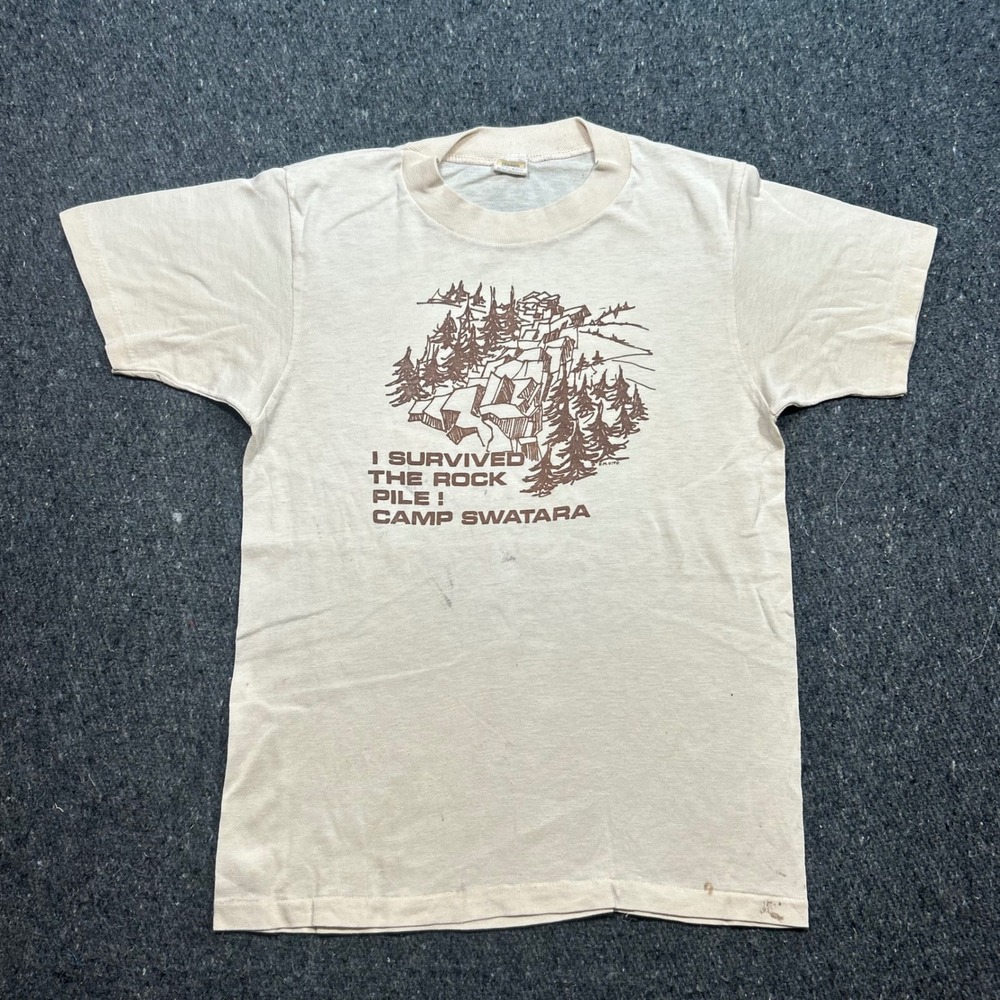 Velva Sheen Camp Swatara Shirt Sz S Mens Cream Vintage 70s 80s Graphic Rock Pile